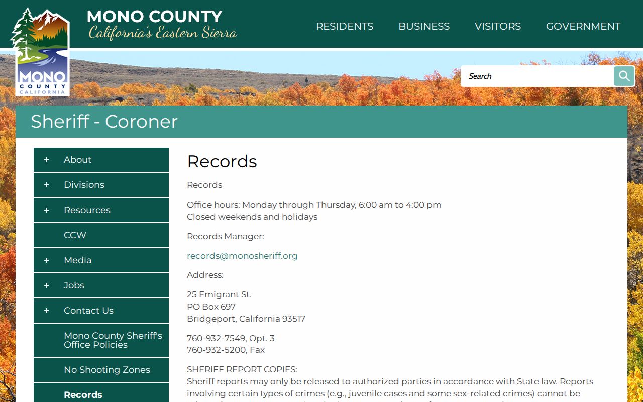 Mono County Sheriff's Records Office information page