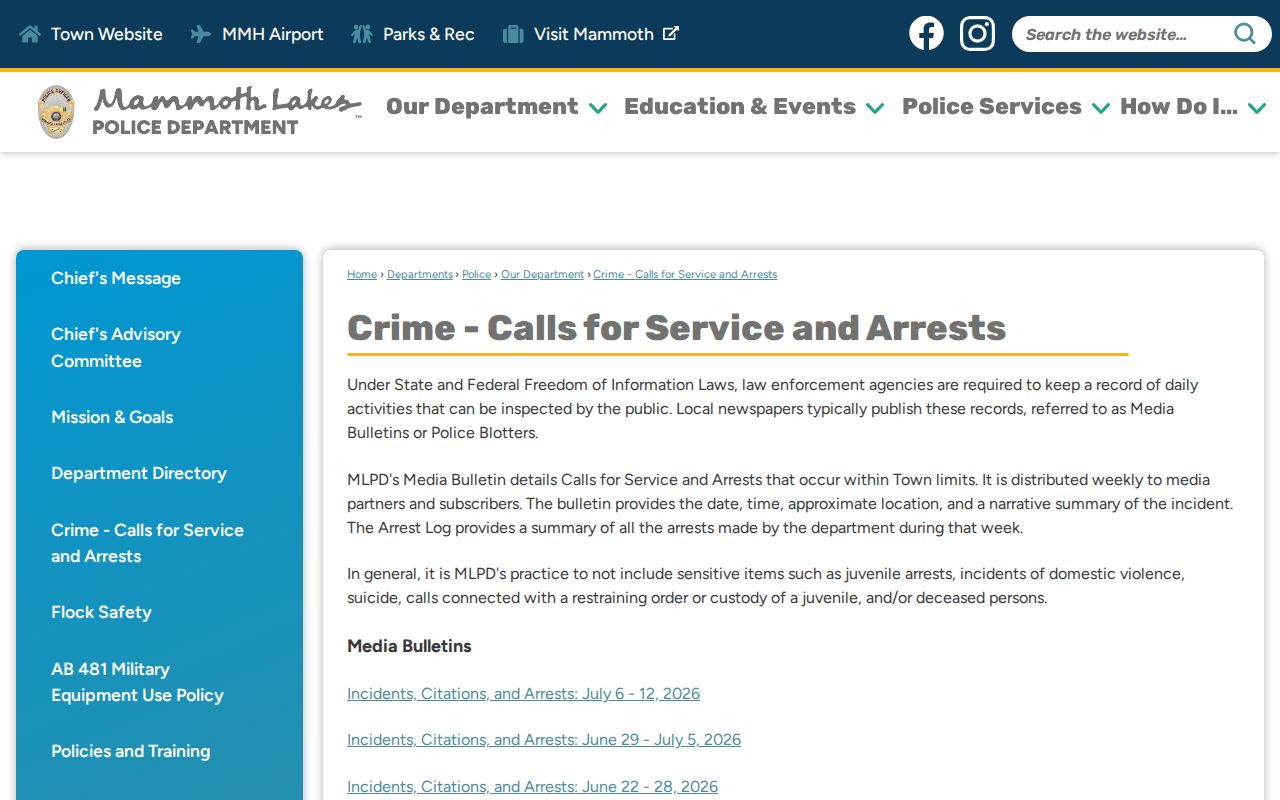 Mammoth Lakes criminal records weekly calls and arrest bulletin