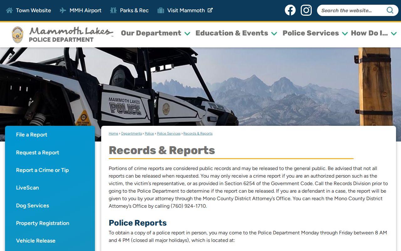 Mammoth Lakes criminal records and police report services