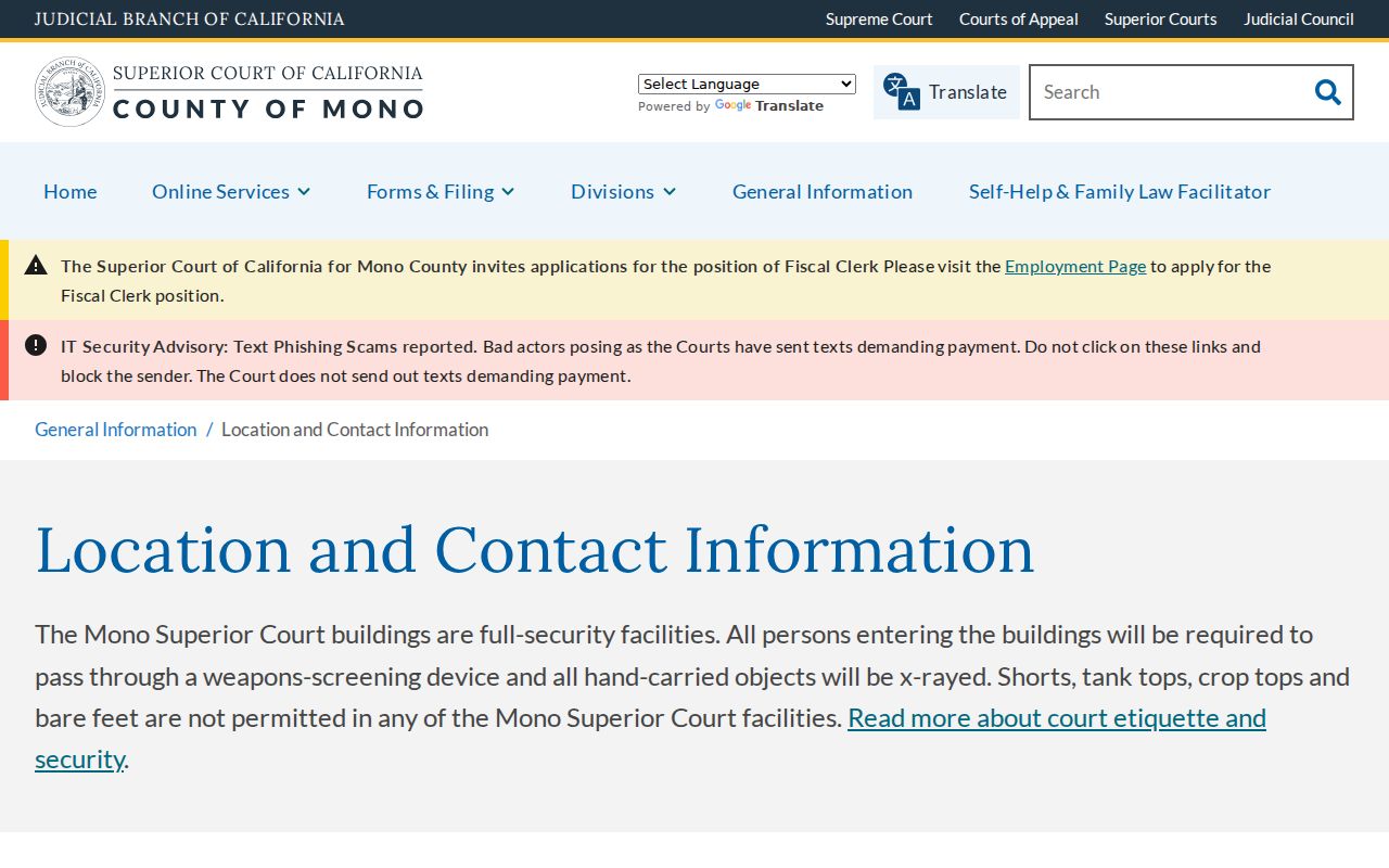 Mono Superior Court locations and contacts for criminal case copy requests