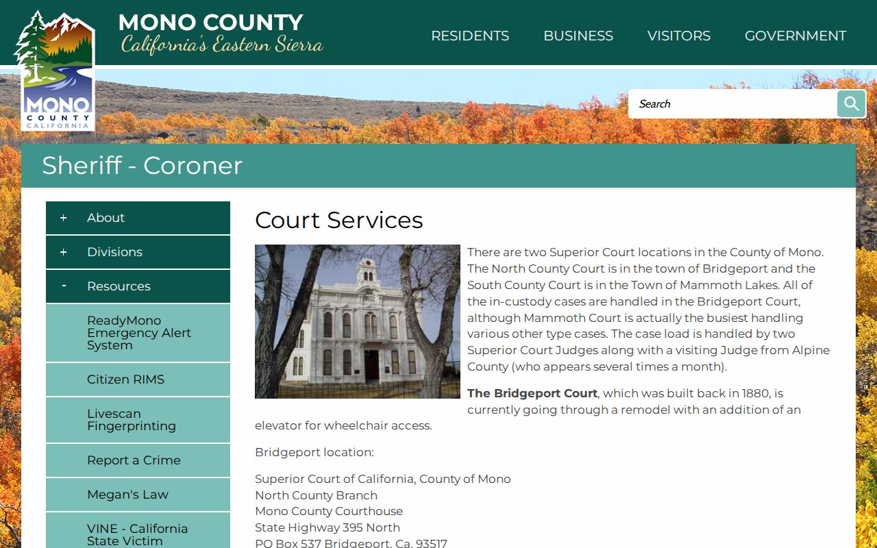 Mono County Sheriff Court Services information for Superior Court cases