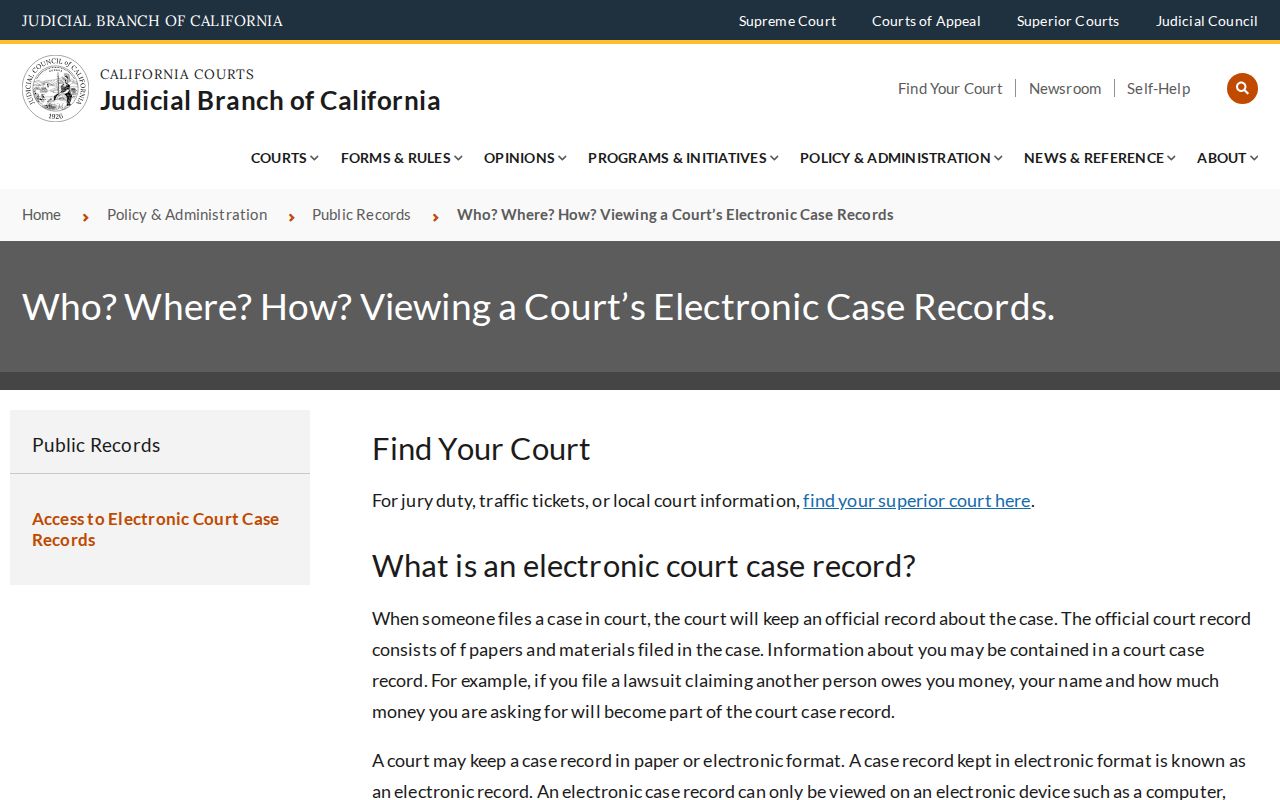California courts electronic record access guide used for Mono County criminal cases