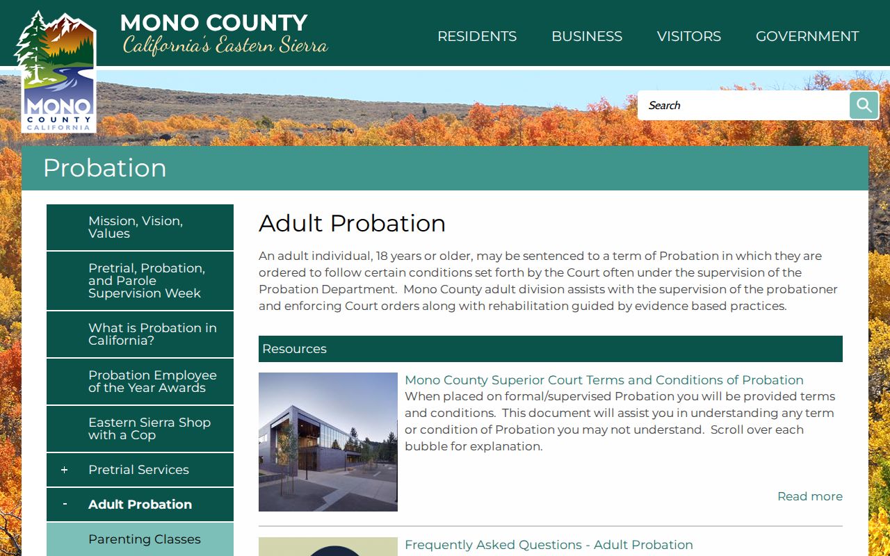 Mono County criminal history Adult Probation supervision services