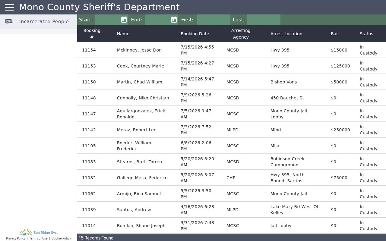 Mono County criminal history Citizen RIMS public portal