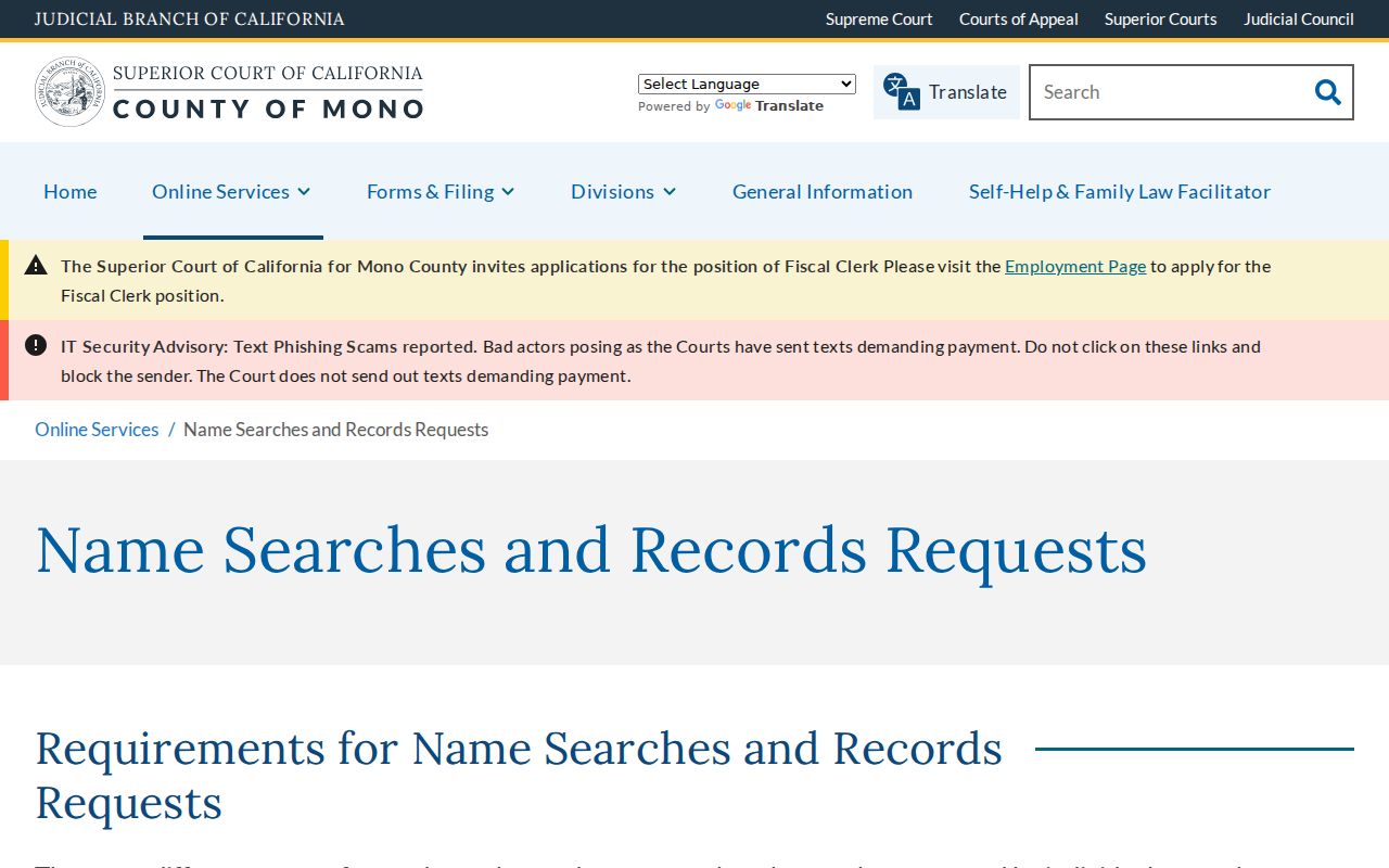 Mono County criminal history court name search and record request page