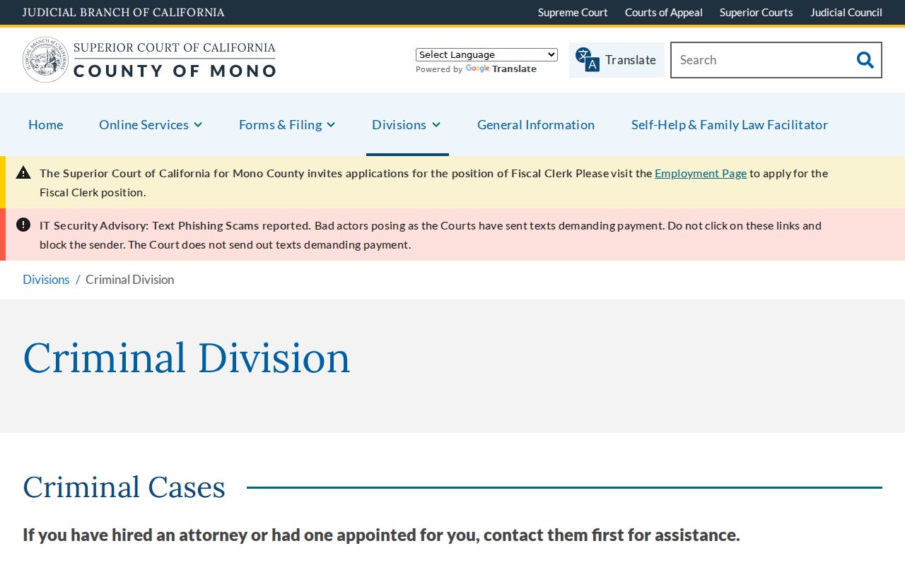 Mono County criminal history Criminal Division records information