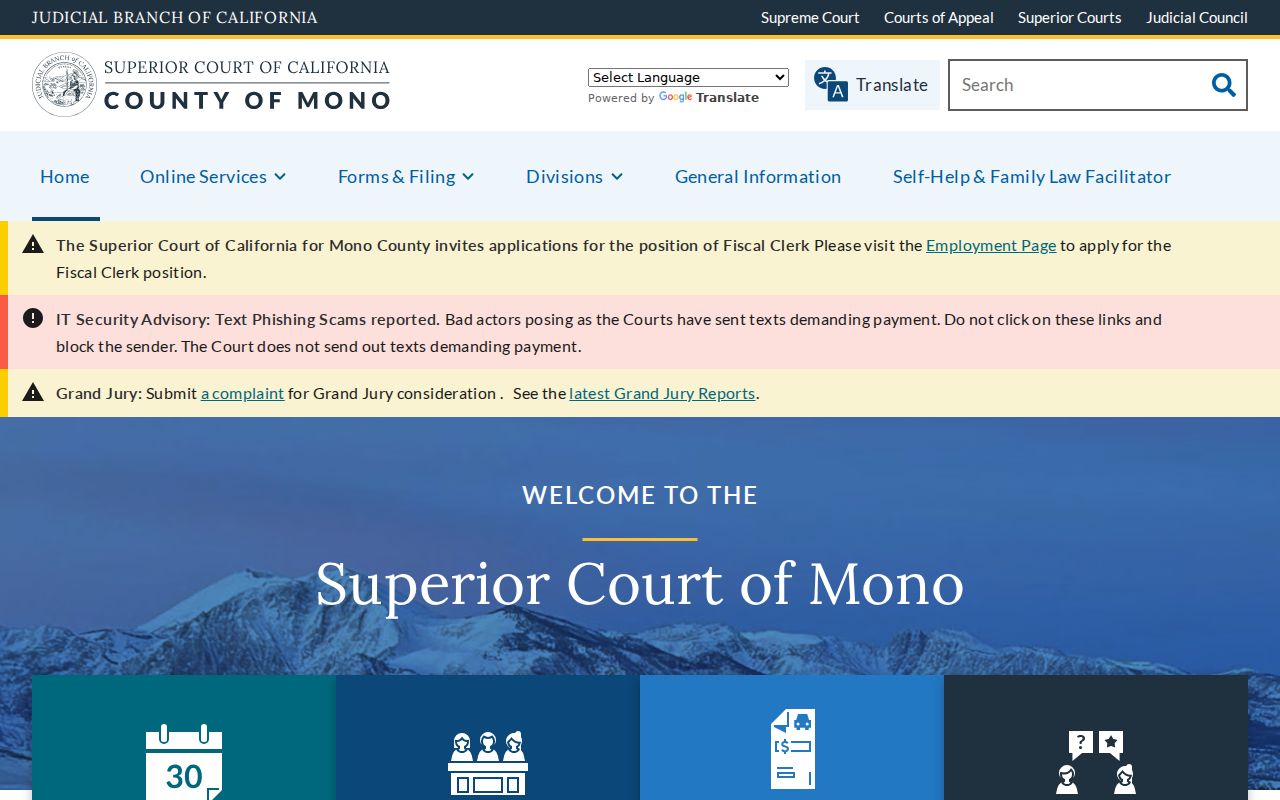 Mono County criminal history Superior Court calendars and notices