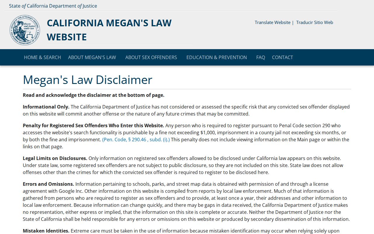Mono County sex offender search disclaimer on California Megan's Law